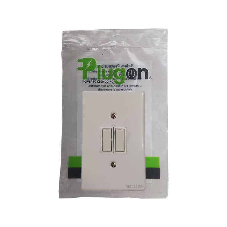 Dual rocker light switch on white plate in plastic packaging labeled Plugon/Pr... brand, ready for installation.