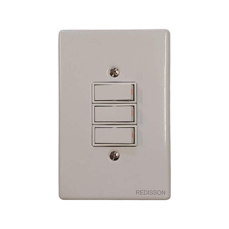 White wall plate containing three vertical rocker switches (triple-gang style).