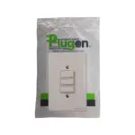 White Three gang Rocker Light Switch on a Beige Wall Plate Packaged in Clear Plastic with Green and Black Branding