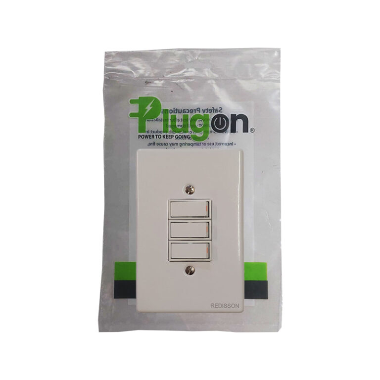 White three-gang rocker light switch on a beige wall plate, packaged in clear plastic with green and black branding.