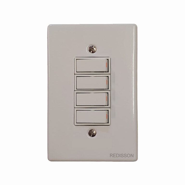 White wall plate with four vertical rocker switches. (four-gang light switch)