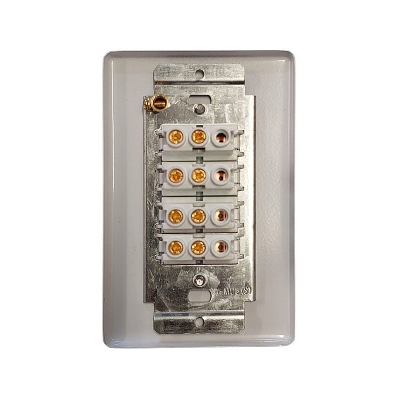 E11328 - 3 | Securadeal Back View of a White Modular Electrical Terminal Block with Multiple Gold screw Terminals Mounted on a Metal Plate Inside a White Wall Plate Cover