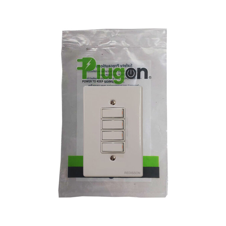 White four-gang wall switch plate with four small rectangular switches, packaged in plastic.