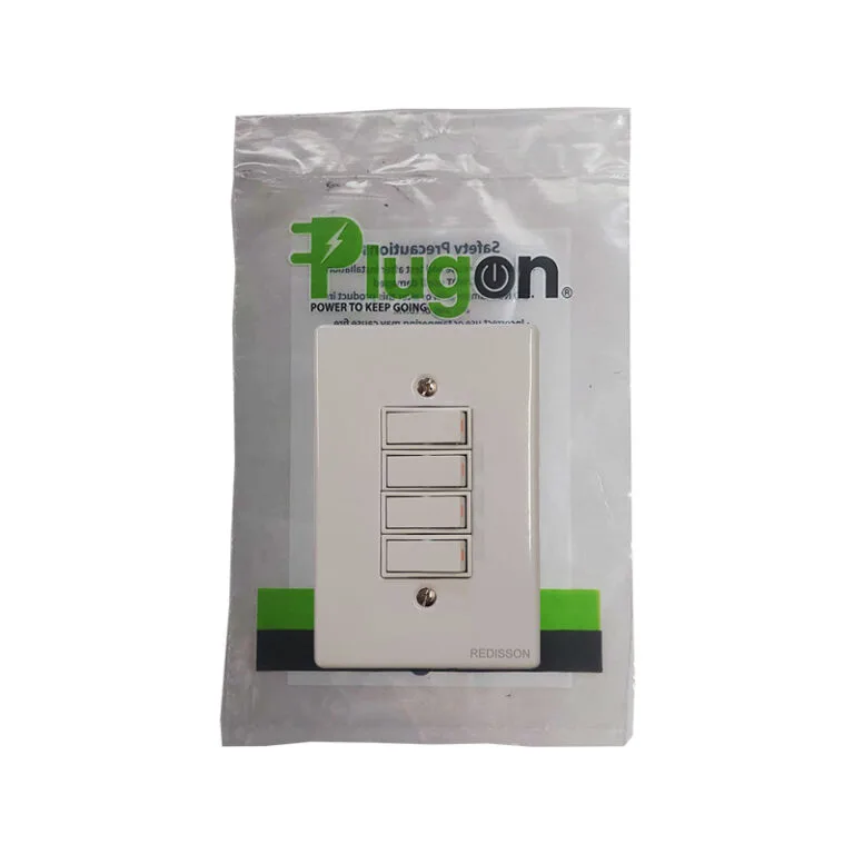 White four-gang wall switch plate with four small rectangular switches, packaged in plastic.
