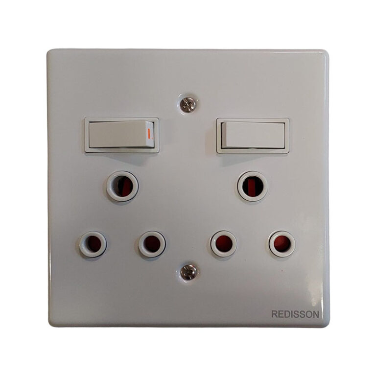White wall plate with two light switches and five circular outlet holes (UK-style power socket) by Redisson.