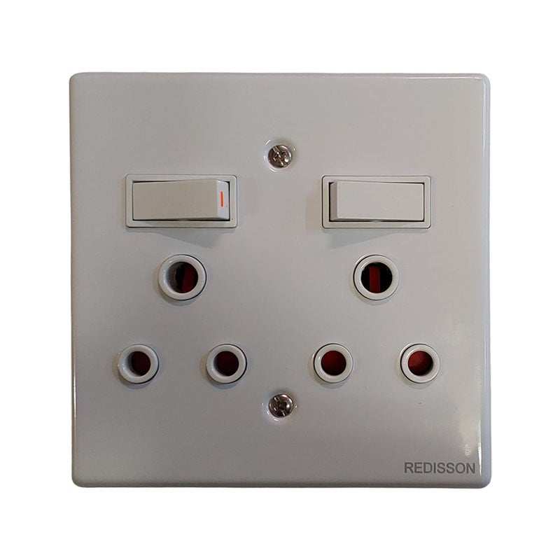 White Wall Plate with Two Light Switches and Five Circular Outlet Holes Uk Style Power Socket by Redisson