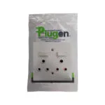 White Double gang Electrical Wall Plate with Two Rocker Switches and Multiple Circular Receptacle Holes on a Packaging Backdrop