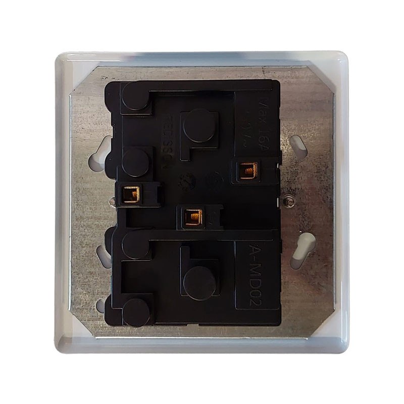 E11330 - 3 | Securadeal Double gang Electrical Switch Module Mounted on a Metal Plate with Two Black Toggle Blocks and Copper Terminals Behind