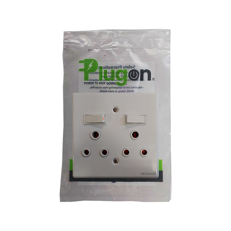 E11330 | Securadeal White Double gang Electrical Wall Plate with Two Rocker Switches and Multiple Circular Receptacle Holes on a Packaging Backdrop