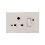 White Electrical Outlet Plate with Three Round pin Sockets and a Vertical Rocker Switch on the Right