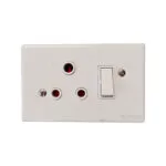 White Electrical Outlet Plate with Three Round pin Sockets and a Vertical Rocker Switch on the Right