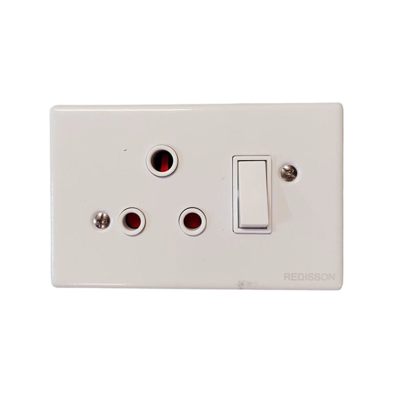 White electrical outlet plate with three round-pin sockets and a vertical rocker switch on the right.