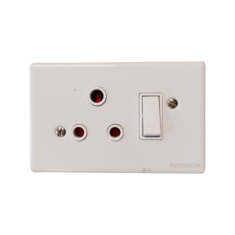White Electrical Outlet Plate with Three Round Pin Sockets and a Vertical Rocker Switch on the Right