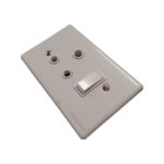 White Plastic Wall Plate Featuring Three Round Sockets and a Small Rocker Switch
