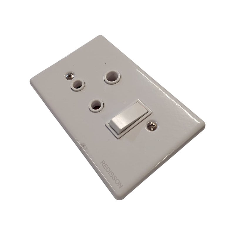 E11331 - 2 | Securadeal White Plastic Wall Plate Featuring Three Round Sockets and a Small Rocker Switch
