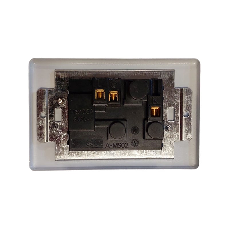 E11331 - 3 | Securadeal Back View of a Wall Switch Module Showing Terminals and Wiring Contacts Inside a Metal Mounting Plate A ms02 Label Visible