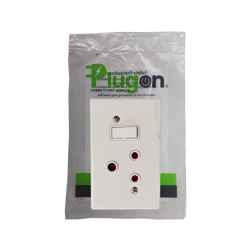E11331 | Securadeal White Wall Outlet with a Switch Packaged for Sale in a Plastic Sleeve Labeled Plugon