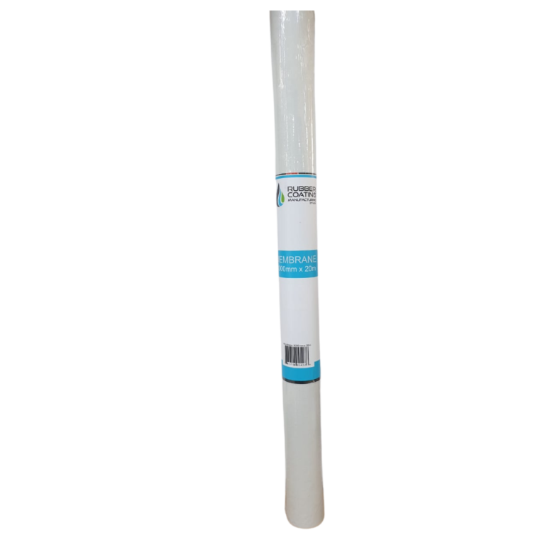 Roll of white waterproofing membrane labeled 'Membrane 1000mm x 20m' from Rubber Coating Manufacturer.