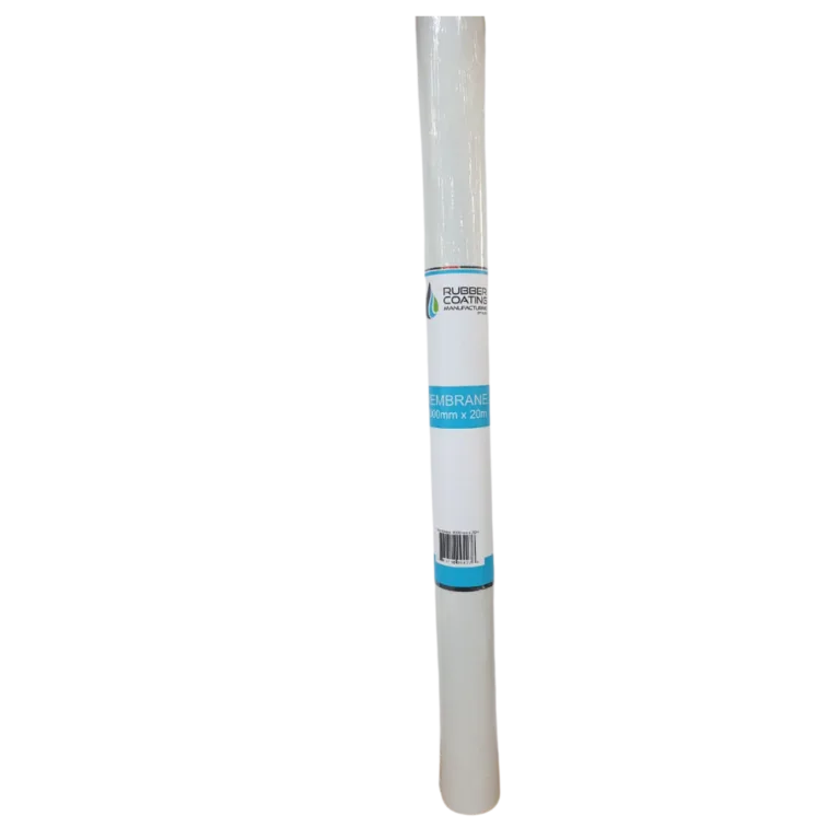 Roll of white waterproofing membrane labeled 'Membrane 1000mm x 20m' from Rubber Coating Manufacturer.