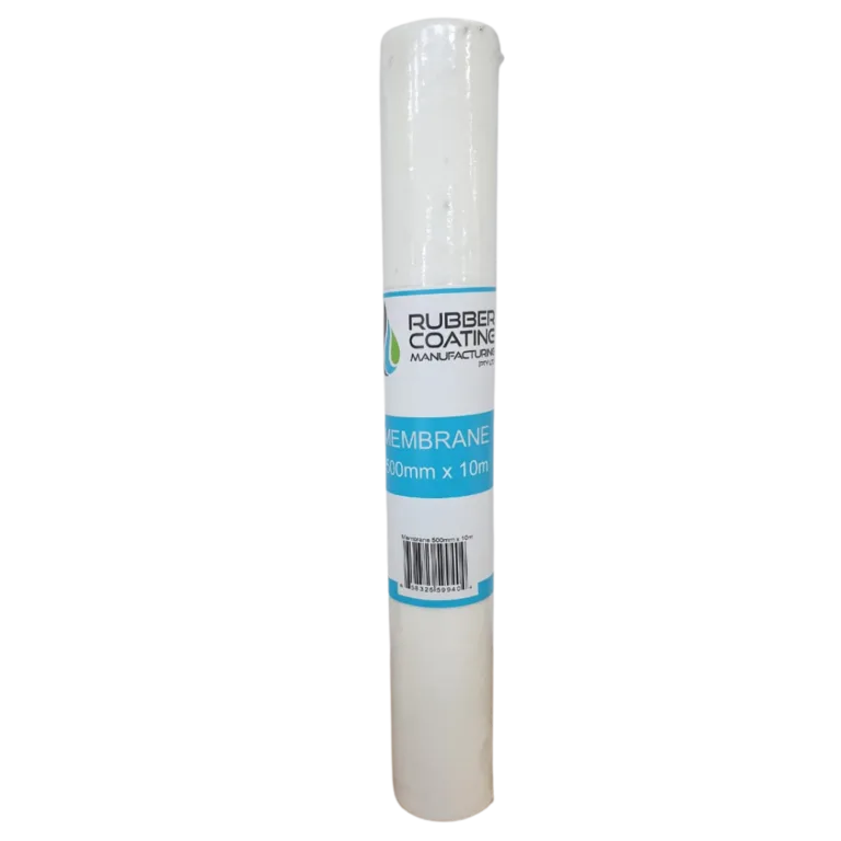 White roll of waterproofing membrane labeled 'Membrane 500mm x 10m' with blue branding band on the roll surface