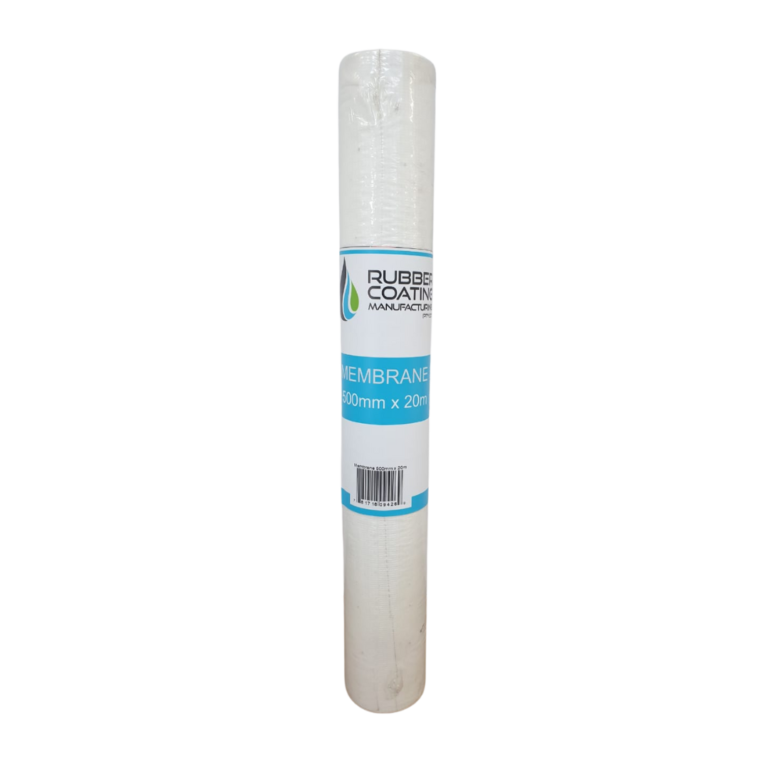 Roll of white waterproof membrane material in plastic wrap, labeled 'MEMBRANE 500mm x 20m' with blue branding.