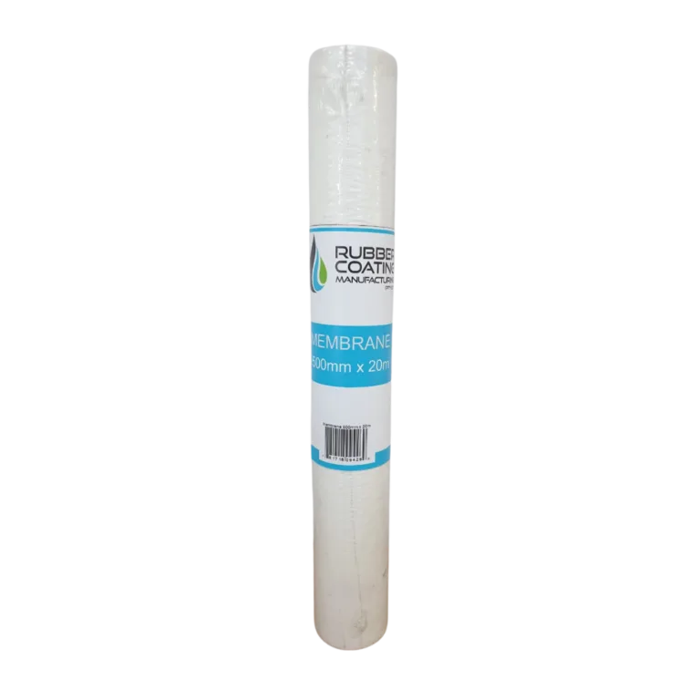 Roll of white waterproof membrane material in plastic wrap, labeled 'MEMBRANE 500mm x 20m' with blue branding.