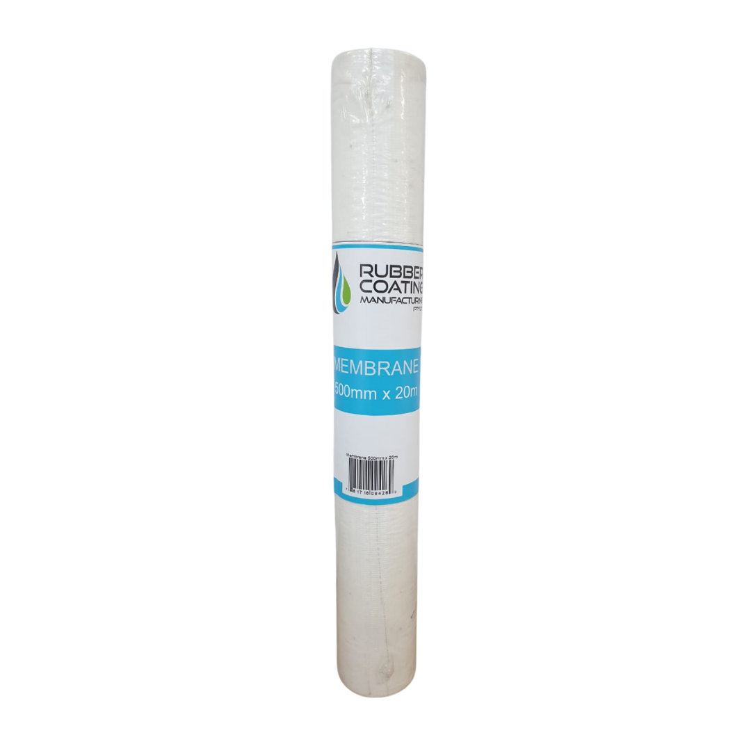 RCM_Membrane_PNG_500mm_x_20m | Securadeal Roll of White Waterproof Membrane Material in Plastic Wrap Labeled membrane 500mm X 20m with Blue Branding