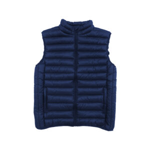 Navy blue quilted puffer vest with a stand-up collar and full-length front zipper on a white background.