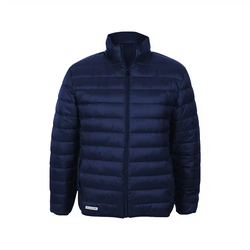 Navy Blue Quilted Puffer Jacket with a Stand up Collar and Full length Front Zipper