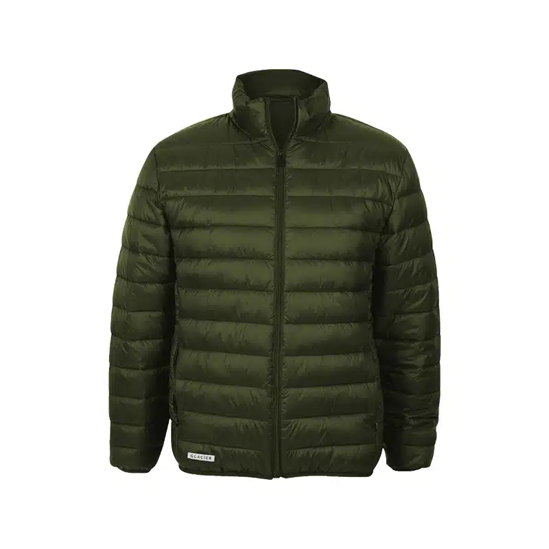 Olive Green Quilted Puffer Jacket with a Full length Zipper and Stand up Collar