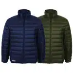 Untitled-1 | Securadeal Two Quilted Puffer Jackets Navy Blue and Olive Green Shown in Front and Behind with Zip Fronts