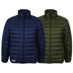 Two quilted puffer jackets, navy blue and olive green, shown in front and behind with zip fronts.