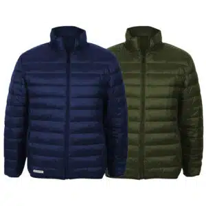Two quilted puffer jackets, navy blue and olive green, shown in front and behind with zip fronts.