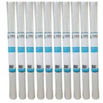 Row of White Membrane Rolls Standing Upright in a Neat Line with Blue Labels on Each Roll
