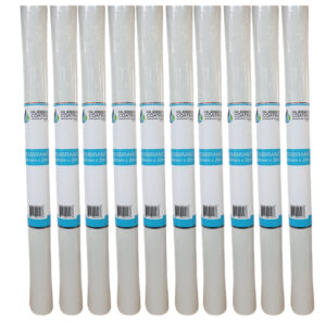 Row of white membrane rolls standing upright in a neat line with blue labels on each roll