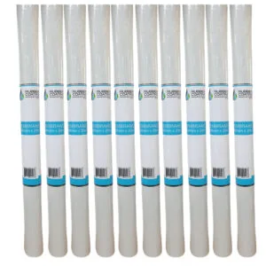 Row of white membrane rolls standing upright in a neat line with blue labels on each roll