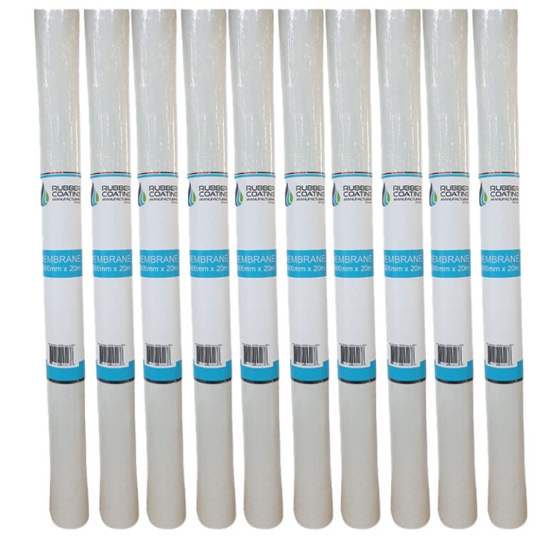 Row of white membrane rolls standing upright in a neat line with blue labels on each roll