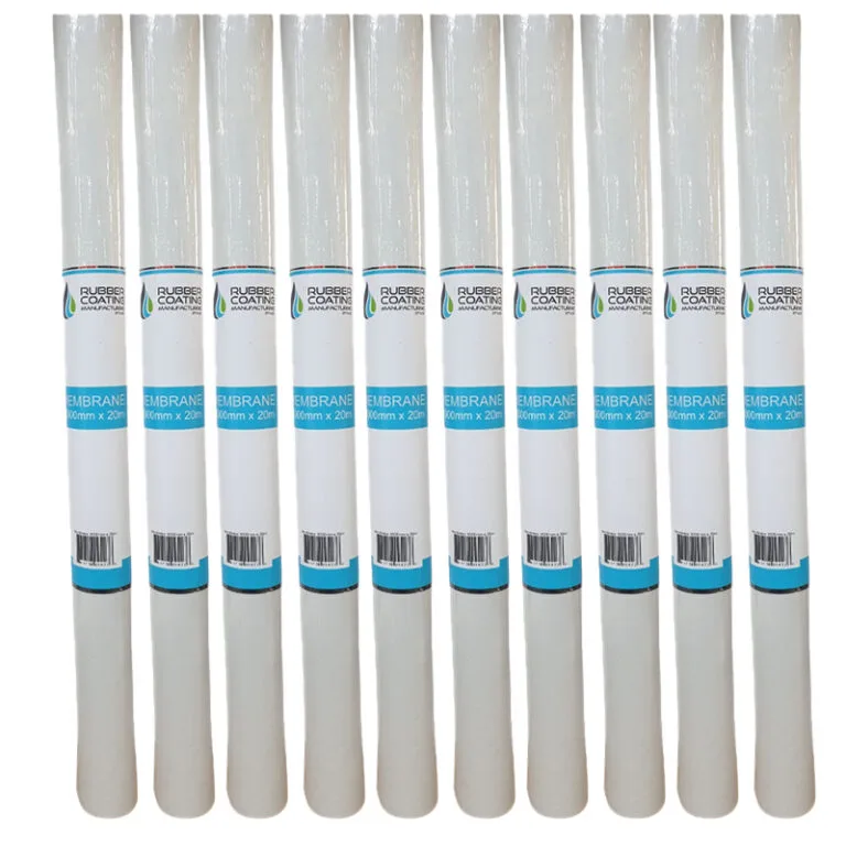 Row of white membrane rolls standing upright in a neat line with blue labels on each roll