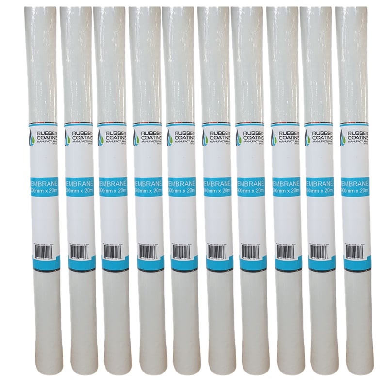 Row of White Membrane Rolls Standing Upright in a Neat Line with Blue Labels on Each Roll