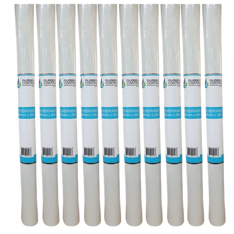 Untitled-1 | Securadeal Row of White Membrane Rolls Standing Upright in a Neat Line with Blue Labels on Each Roll