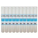 Row of White Membrane Filter Cartridges Lined Up in a Row Each with Blue Labeling in the Middle of the Image