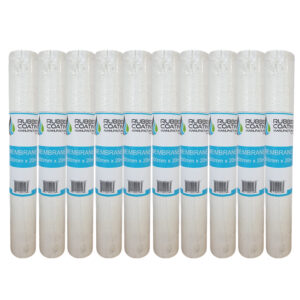 Row of white membrane filter cartridges lined up in a row, each with blue labeling in the middle of the image.