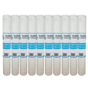 Row of white membrane filter cartridges lined up in a row, each with blue labeling in the middle of the image.