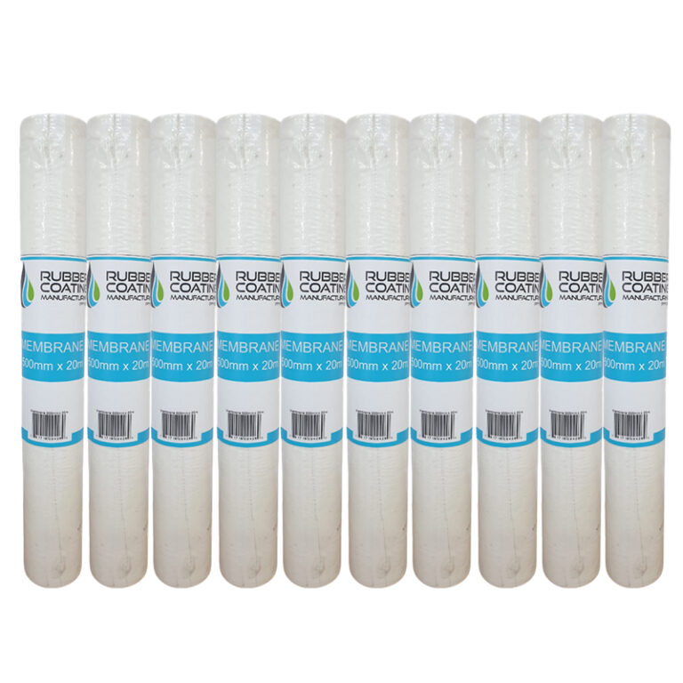 Row of white membrane filter cartridges lined up in a row, each with blue labeling in the middle of the image.