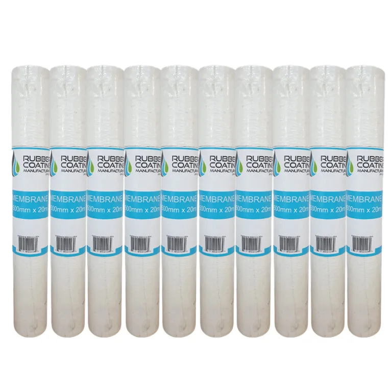 Row of white membrane filter cartridges lined up in a row, each with blue labeling in the middle of the image.