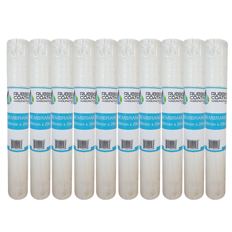 Row of White Membrane Filter Cartridges Lined Up in a Row Each with Blue Labeling in the Middle of the Image