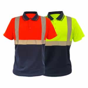 Two high-visibility polo shirts (one orange, one neon yellow) with reflective bands for safety workwear