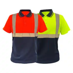 Two high-visibility polo shirts (one orange, one neon yellow) with reflective bands for safety workwear