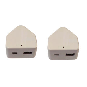 Two white wedge-shaped USB adapters placed side by side, each with a USB-C port on the left and a USB-A port on the right, photographed against a white background.
