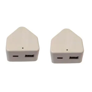 Two white wedge-shaped USB adapters placed side by side, each with a USB-C port on the left and a USB-A port on the right, photographed against a white background.